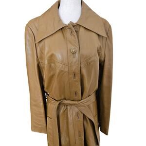 Long Leather Jacket Vintage 60s 70s Trench Coat Belted Pockets Large Tan